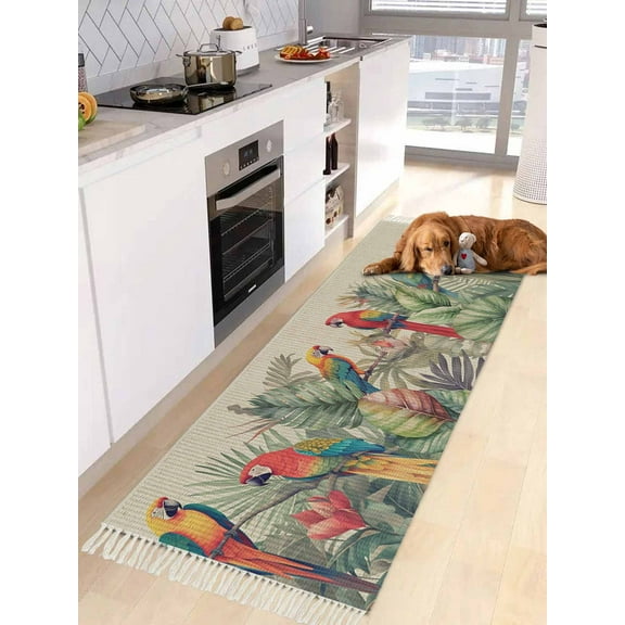 Summer Botanical Entryway Runner Rug 2x4ft,Rustic Tropical Plants Birds Washable Woven Living Room Hallway Bedroom Kitchen Carpet with Tassels,Non-Shedding Indoor Outdoor Throw Door Mat for Entryway