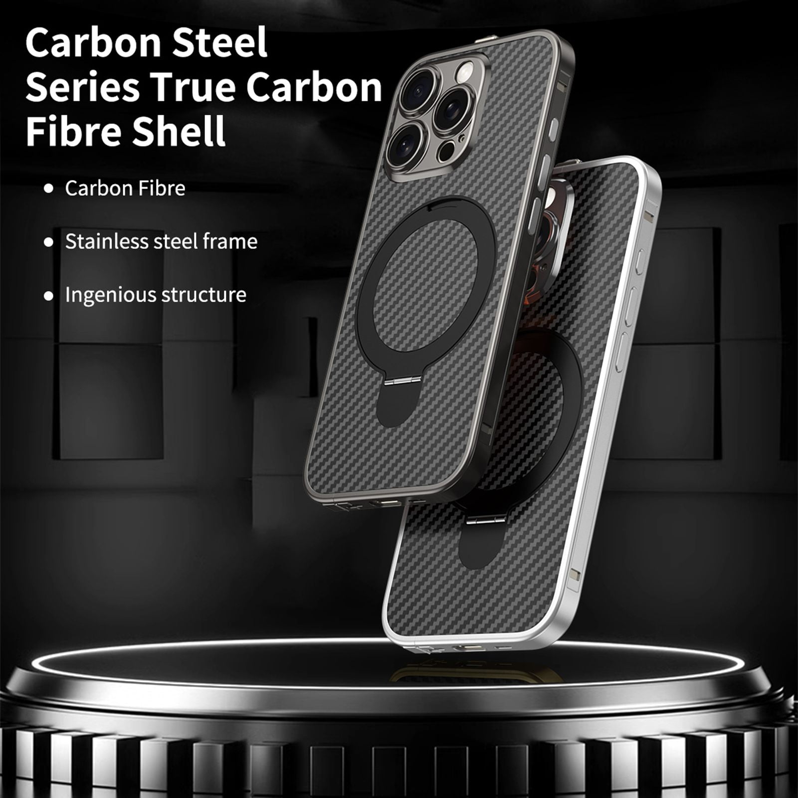 ELEHOLD for iPhone 15 Pro Case,Compatible with Magsafe Accessories, Heavy Duty  Carbon Fiber Ring Kickstand Magnetic Rugged Shockproof Case for iPhone 15 Pro,Silver