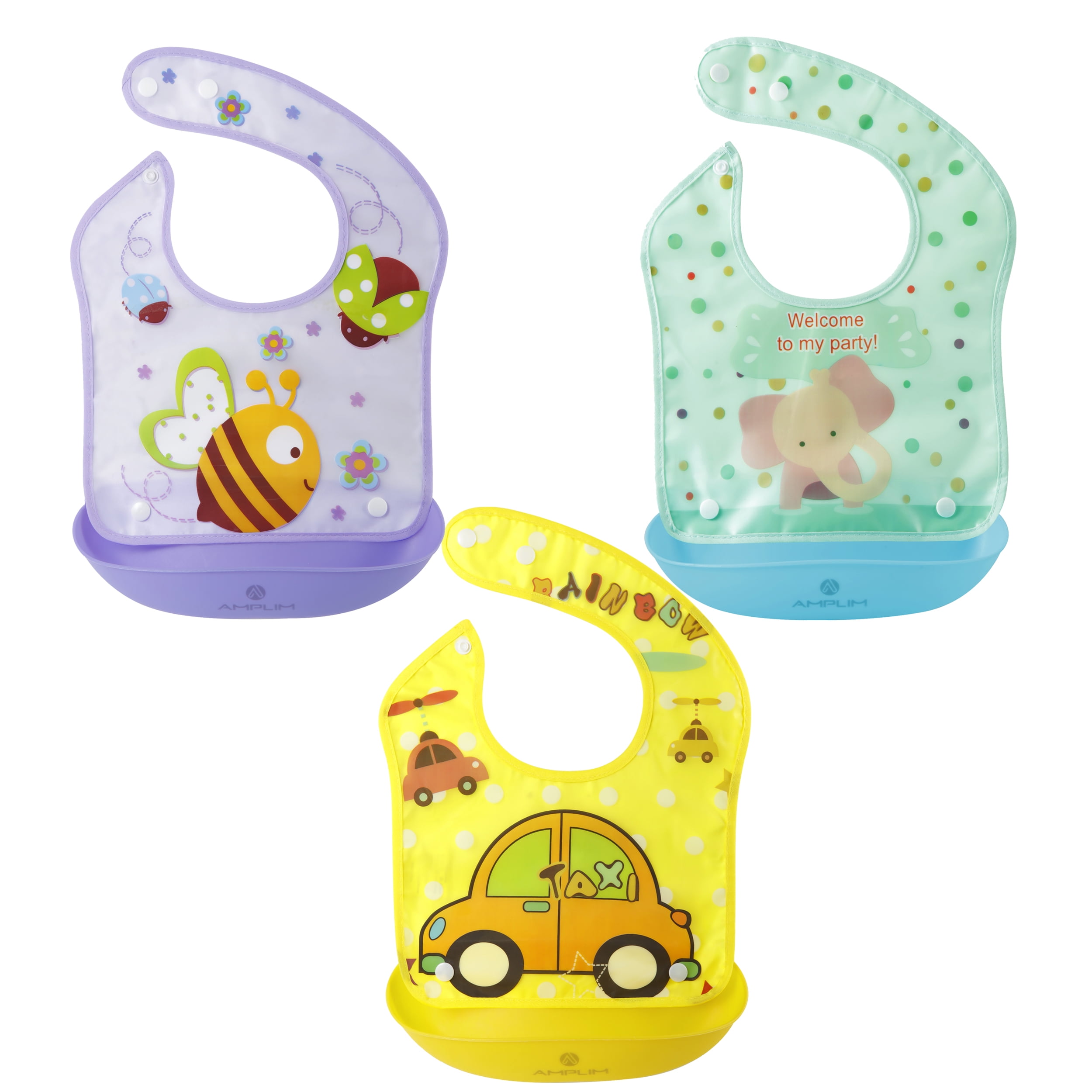 Amplim Convertible Baby Bibs | Toddler Bibs for Drooling, Feeding, Eating | Waterproof, Adjustable, Lightweight, Plastic Catcher | BPA Free 3 Pack