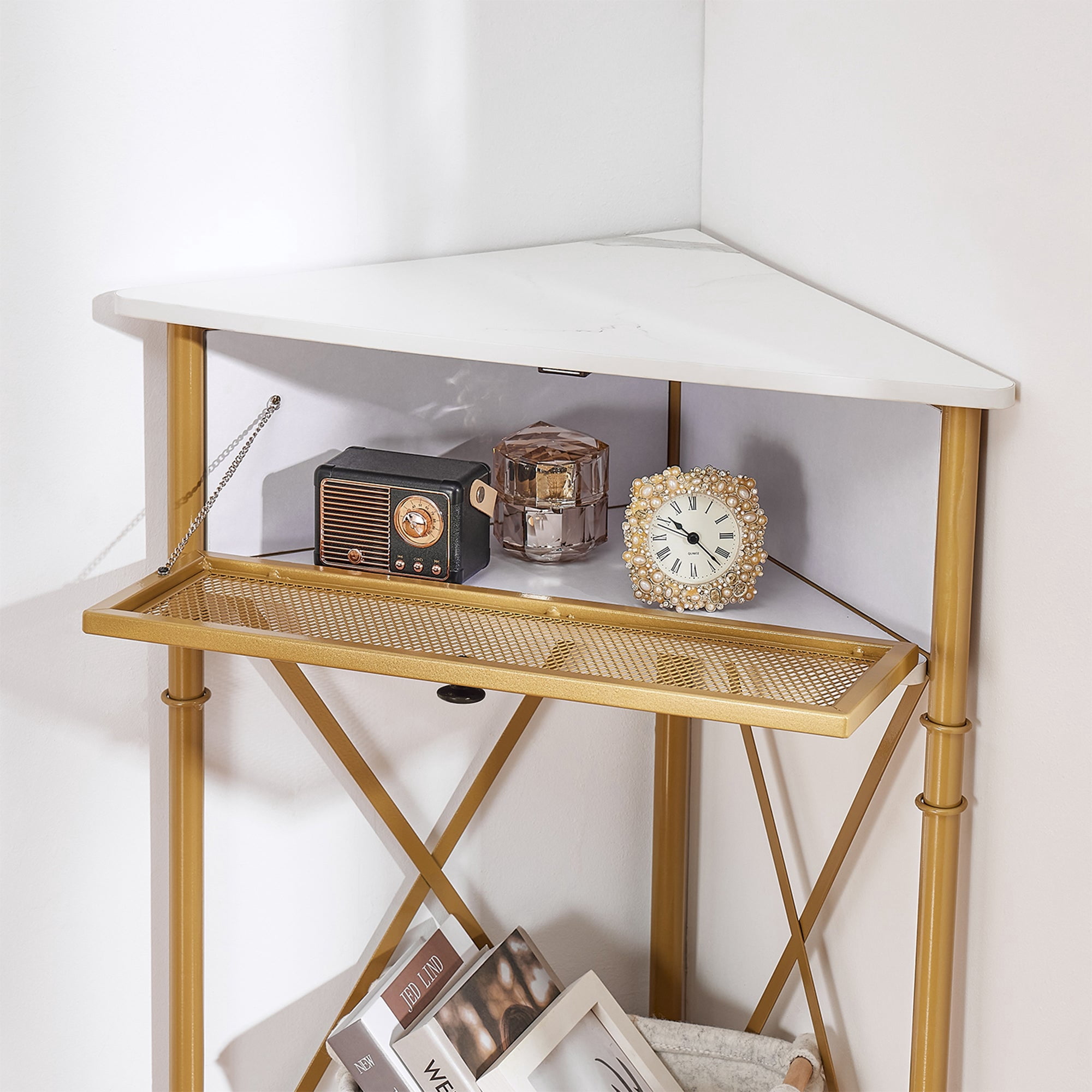 VECELO Corner Storage Cabinet with Flip Drawer and Shelf, Triangle X-Shaped Freestanding Floor Cabinet, White + Gold Frame