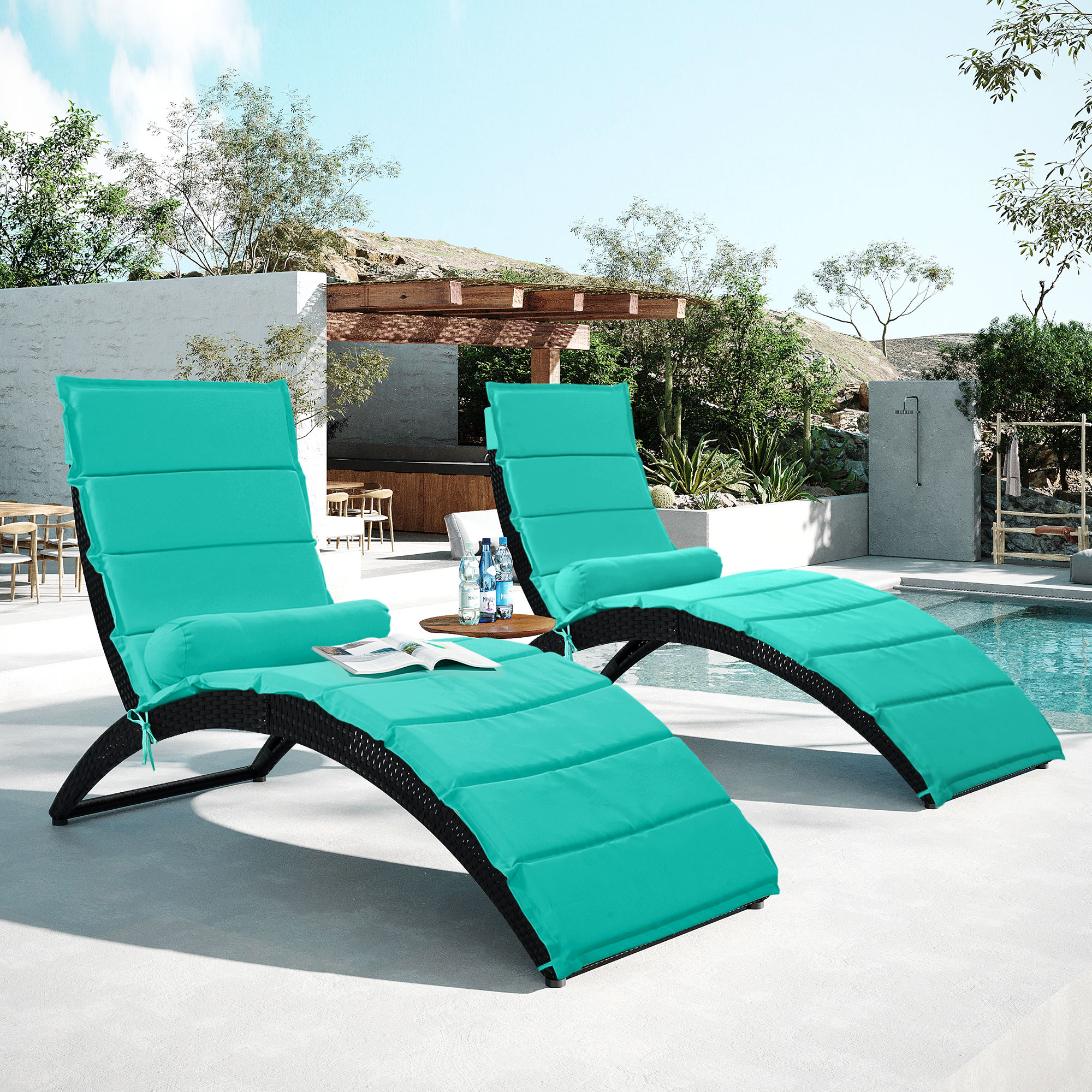 Chaise Lounge Chairs for Outside, 2 Pieces PE Wicker Foldable Reclining Chairs, Patio Sun Lounger with Removable Cushions, Rattan Chaise Chair for Poolside, Garden, Backyard, Greenish-blue, D8595 - image 2 of 10