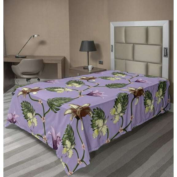 Tropical Flat Sheet, Exotic Lily and Hibiscus Blossoms with Monstera Leaves Botanical Flora Art, Soft Comfortable Top Sheet Decorative Bedding 1 Piece, 6 Sizes, Lilac Multicolor, by Ambesonne