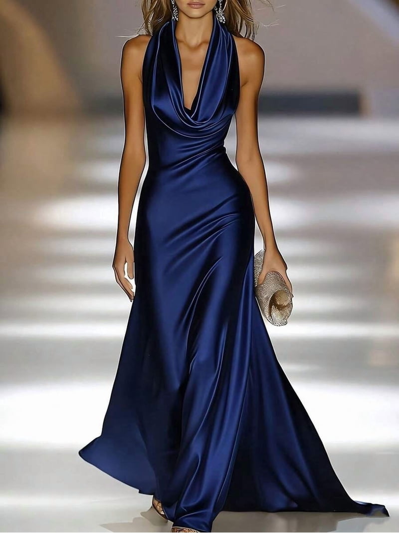 mermaid bodycon maxi dress Black Premium Satin Halter Neck Cowl Neck Evening Gown, Long Formal Dress, Shiny Luxe Fabric For Prom Party Black Tie Attire for LowStock:43293977968691 neck and sleeveless design Color:SURFLOW
