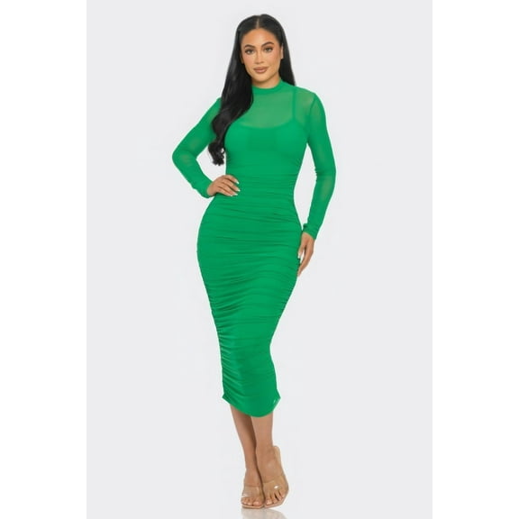 Solid Mesh Ruched Midi Dress