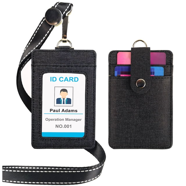 GOGO Snap Button Security PU Heavy Duty Badge Holder Clip With Lanyard, 3 Card Slots-Ribbon Black