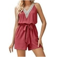 thumbnail image 3 of QATAINLAV Daily Sales! Womens Summer Rompers Lace V Neck Beach Casual Tank Romper 2025 Sleeveless Casual Waist Tie Short Jumpsuit with Pocket Watermelon Red M, 3 of 8