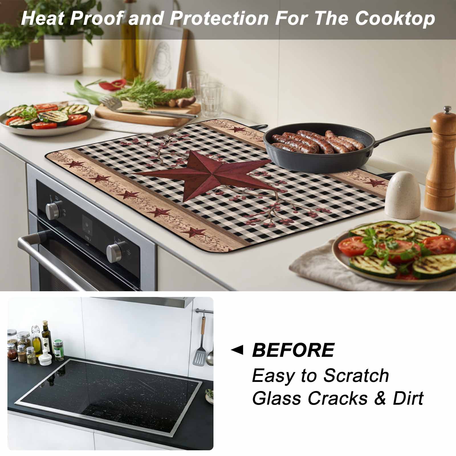 Red Texas Star Farmhouse Stove Top Cover for Electric Stove, Heat-proof & Non Slip Glass Top Stove Cover Protector, Black Plaid Berry Country Kitchen Flat Cooktop Rubber Mat 24x21 Inches