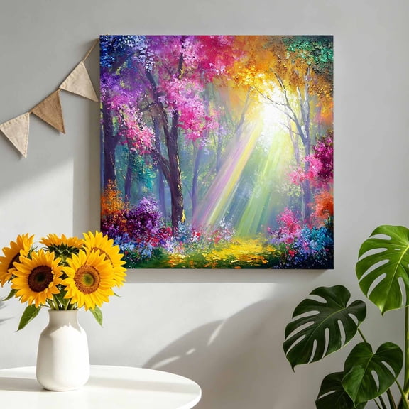 Canvas Wall Art Romantic Forest Canvas Art Print Sunbeams Colorful Nature Trees Dreamy Pictures Wall Decor for Living Room Bedroom Artwork Decorations Stretched Framed Ready to Hang 16"x16"