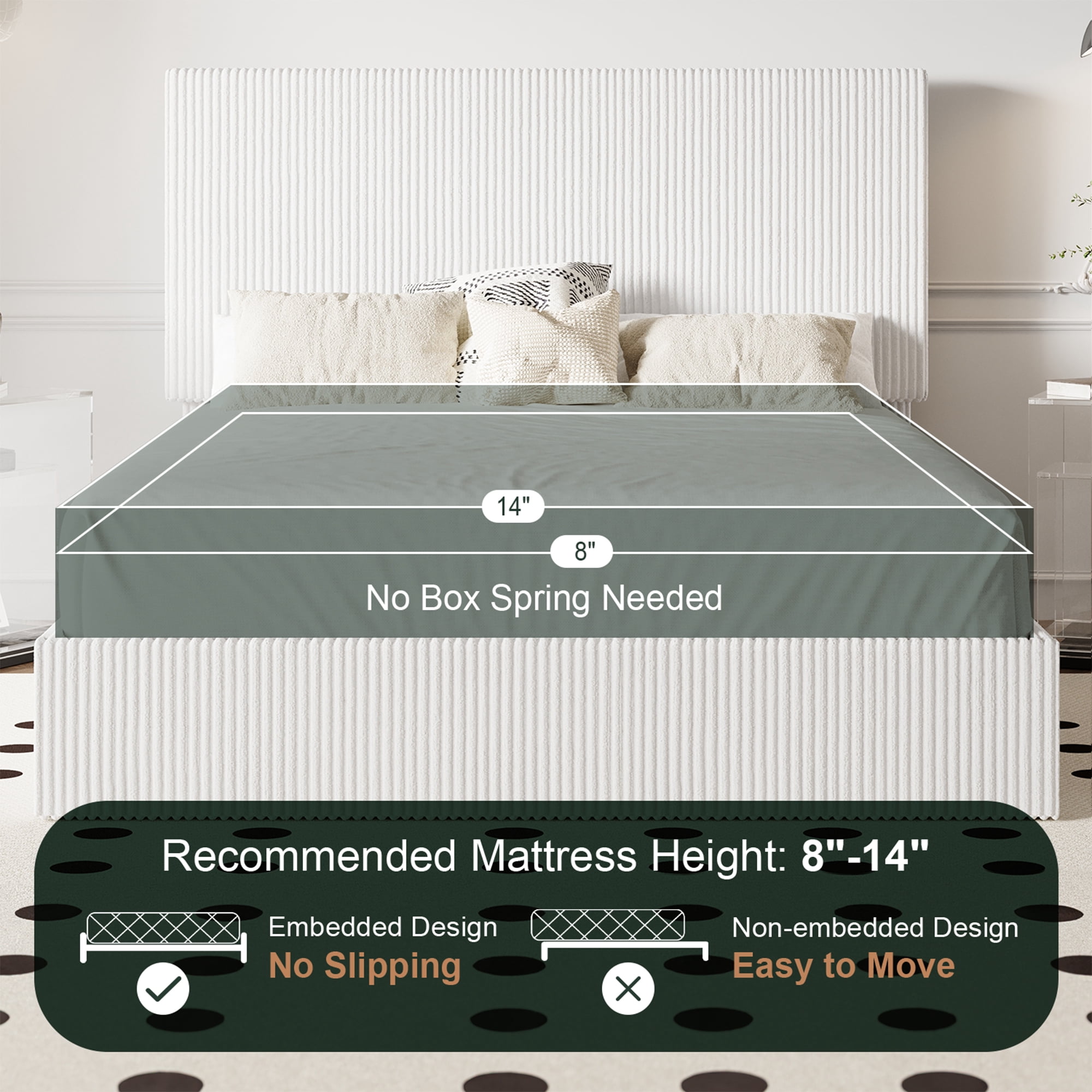 Amolife Full Size Upholstered Platform Bed Frame with Adjustable Height Headboard, Noise-Free, White