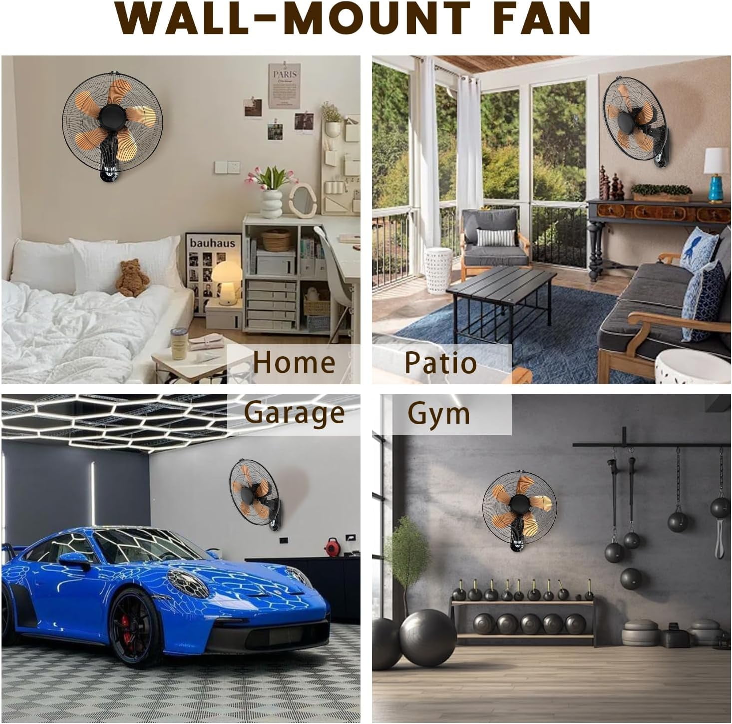 Wall Mount Fan 20 Inch with Remote, 3-speed Wall Oscillating Quiet Fan with 5 Metal Blades, Adjustable Tilt and Timing, High Velocity Fans for Bedroom, Gym, Office, Warehouse, Garage, Gold