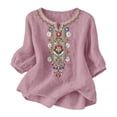 thumbnail image 3 of Women Blouses Trendy Sawvnm Embroidered Tops For Women 3/4 Sleeve Boho Linen Shirts Plus Size V Neck Tunic Peasant Clothes Pink XXXL, 3 of 8