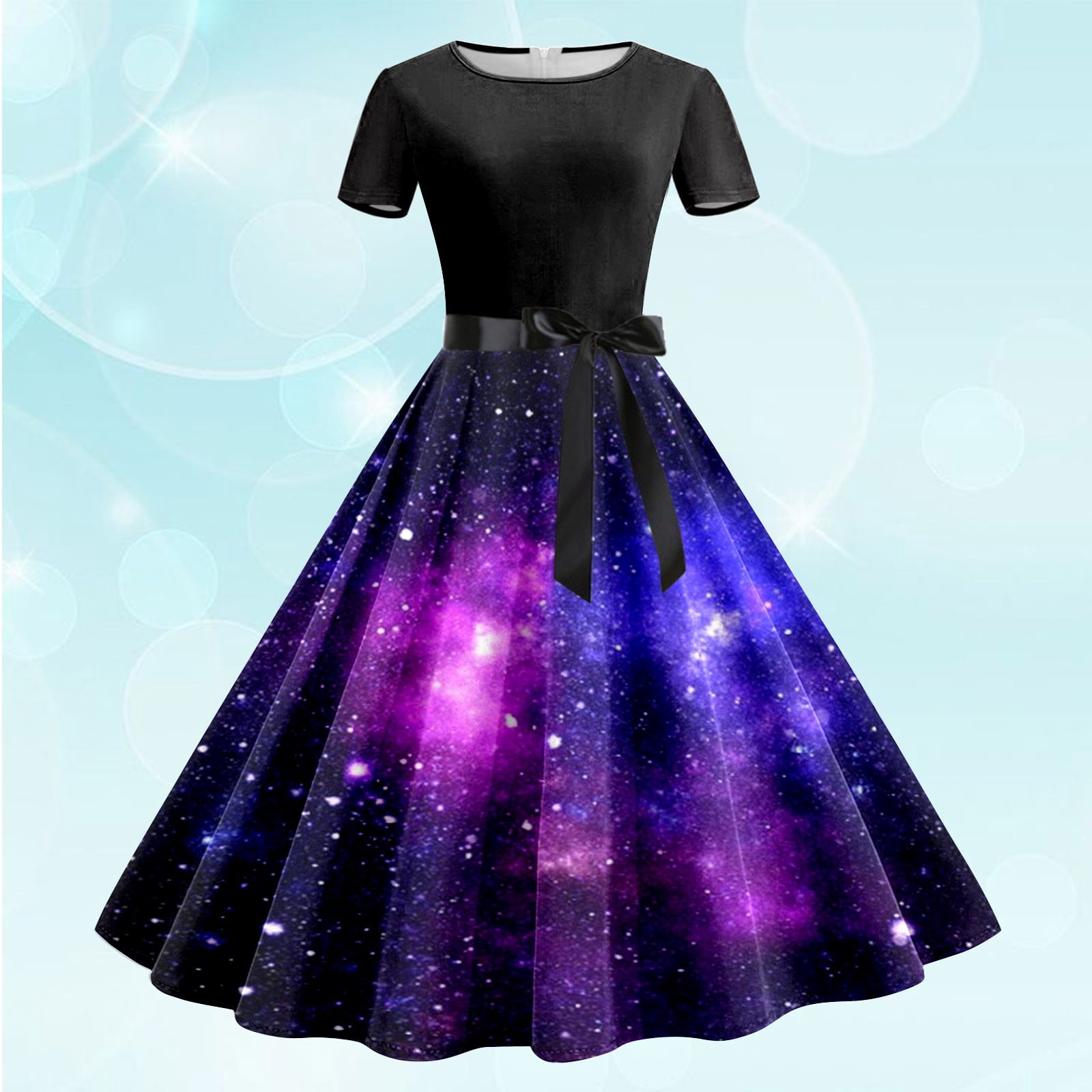 XIAOCHA Women's Galaxy Print Swing Dress Short Sleeve Round Neck Tie Waist Midi Dress Retro 1950s Style Party Dress