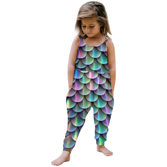 Girls Jumpsuit Loose Fit Graphic Print Crew Neck Sleeveless Pocket Jumpsuit Romper for Summer Holiday Baby Rompers Girl Multicolour 2 Years-3 Years