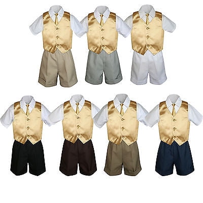 

4pc Set Boy Toddler Formal Mustard Vest and Necktie Black Navy Khaki Shorts S-4T