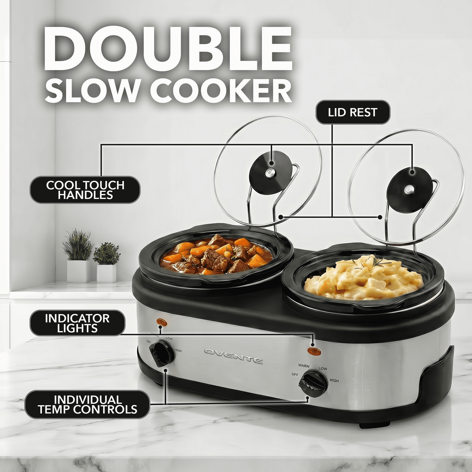 OVENTE Double Slow Cooker, Buffet Server and Warmer with Two 1.5Qt Removable Ceramic Pot, Adjustable Temperature Control and Tempered Glass Lid for Parties, Gatherings and Holidays, Silver SLO215BR