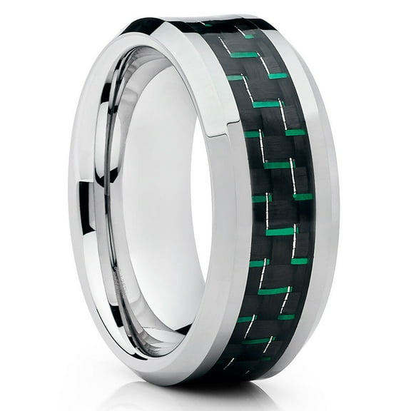 Green Carbon Fiber Ring,Tungsten Wedding Ring,9mm Wedding Ring,Engagement Ring,Silver Tungsten Ring,Comfort Fit