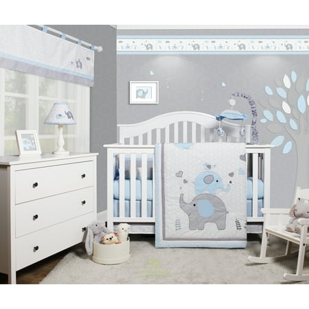 Celestial Baby Bedding - OptimaBaby Blue Grey Elephant 6 Piece Baby Nursery Crib Bedding Set