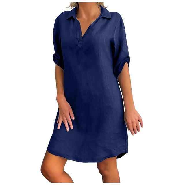 knqrhpse Robes Grande Taille, Robe Grande Taille pour Femmes Mode Femmes Grande Taille Solide Coton Lin Col Rabattu Chemise Ample Robes pour Femmes 2023 Robes Femmes Bleu P