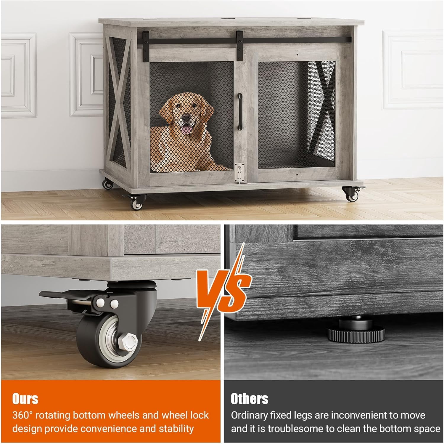 Studyset Dog Crate Furniture with Flip Top, 37" Dog Cage Furniture with Sliding Barn Door, Wheels and Removable Divider, Furniture Style Dog Crate Table, Indoor Dog Kennel for Large Dogs