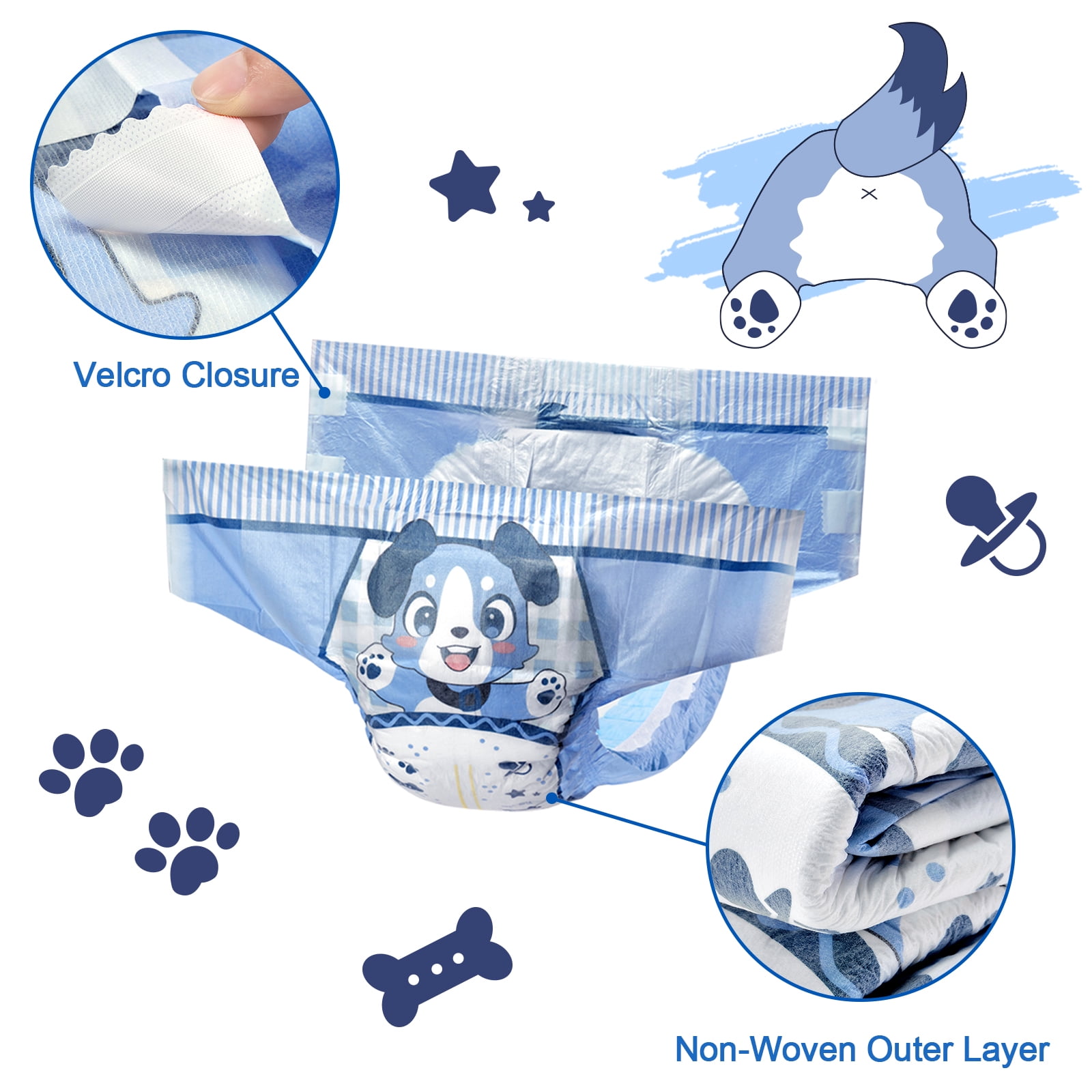 Littleforbig Adjustable Hook-and-Loop Fastener Closure Adult Printed Cloth Back Diaper 80 Pieces (8 Packs) - Little Blue BabyFur (X-Large 48"-56")