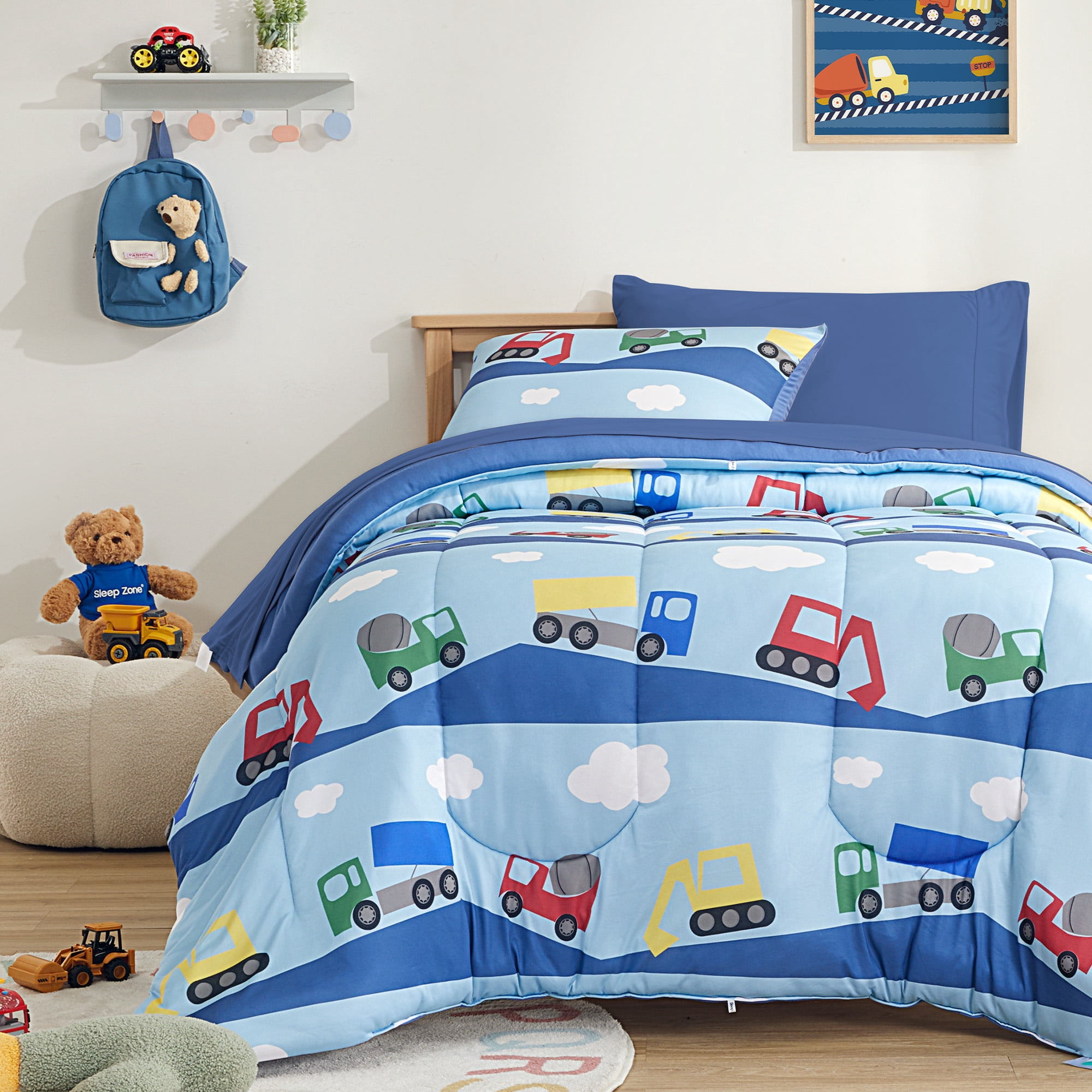 Sleep Zone Kids Twin Comforter Set, Cozy Jersey Knit Bedding Set, Warm and Easy Maintain for All Seasons, 100% Microfiber Bedding Set for Boys, 1 Comforter, 1 Pillowcase (Bulldozers, Twin)