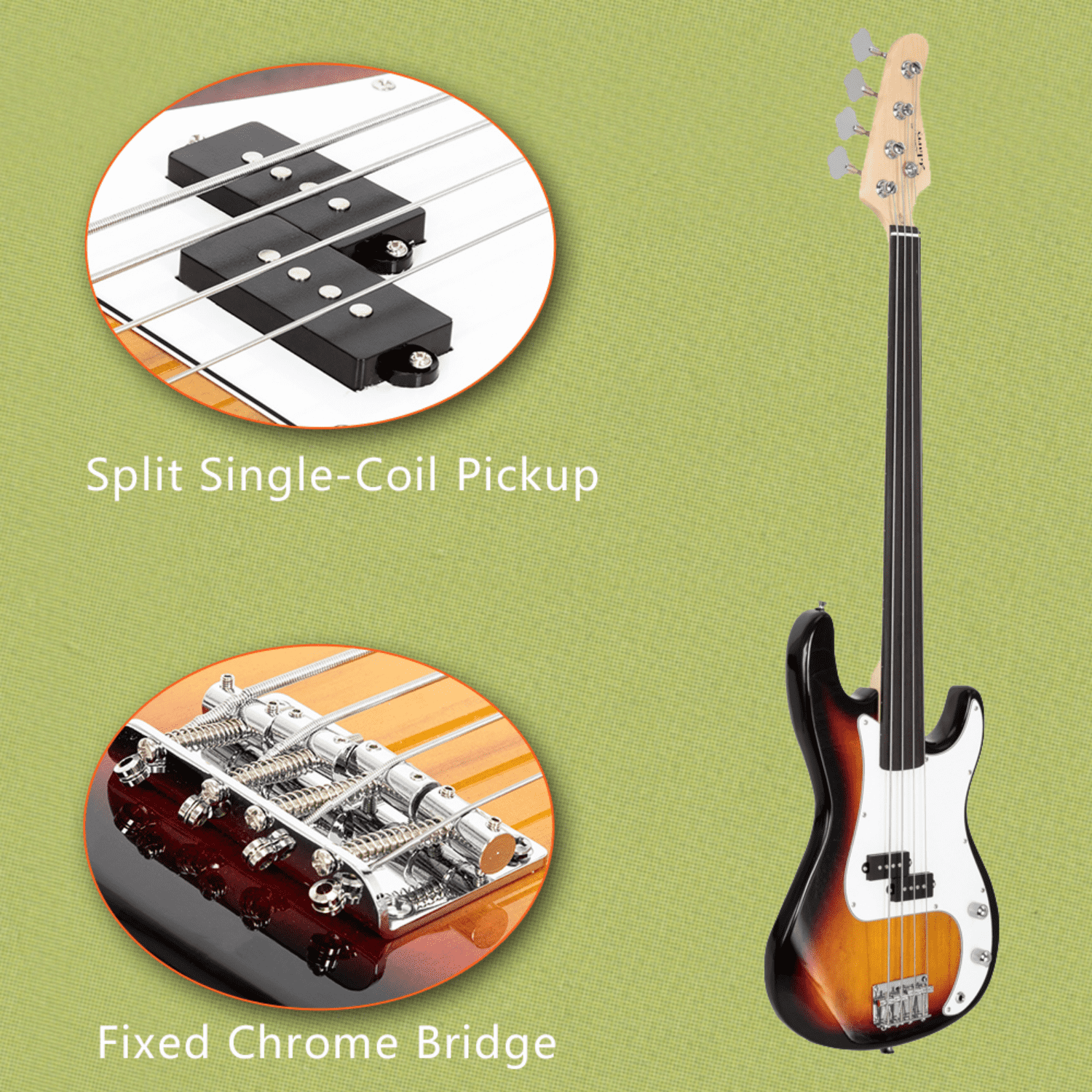 Hassch 4 String Electric Bass Guitar with Bag and Strap, Full Size Bass Kit with Plectrum, Amp Wire and Spanner Tool for Beginners, Sunset Color