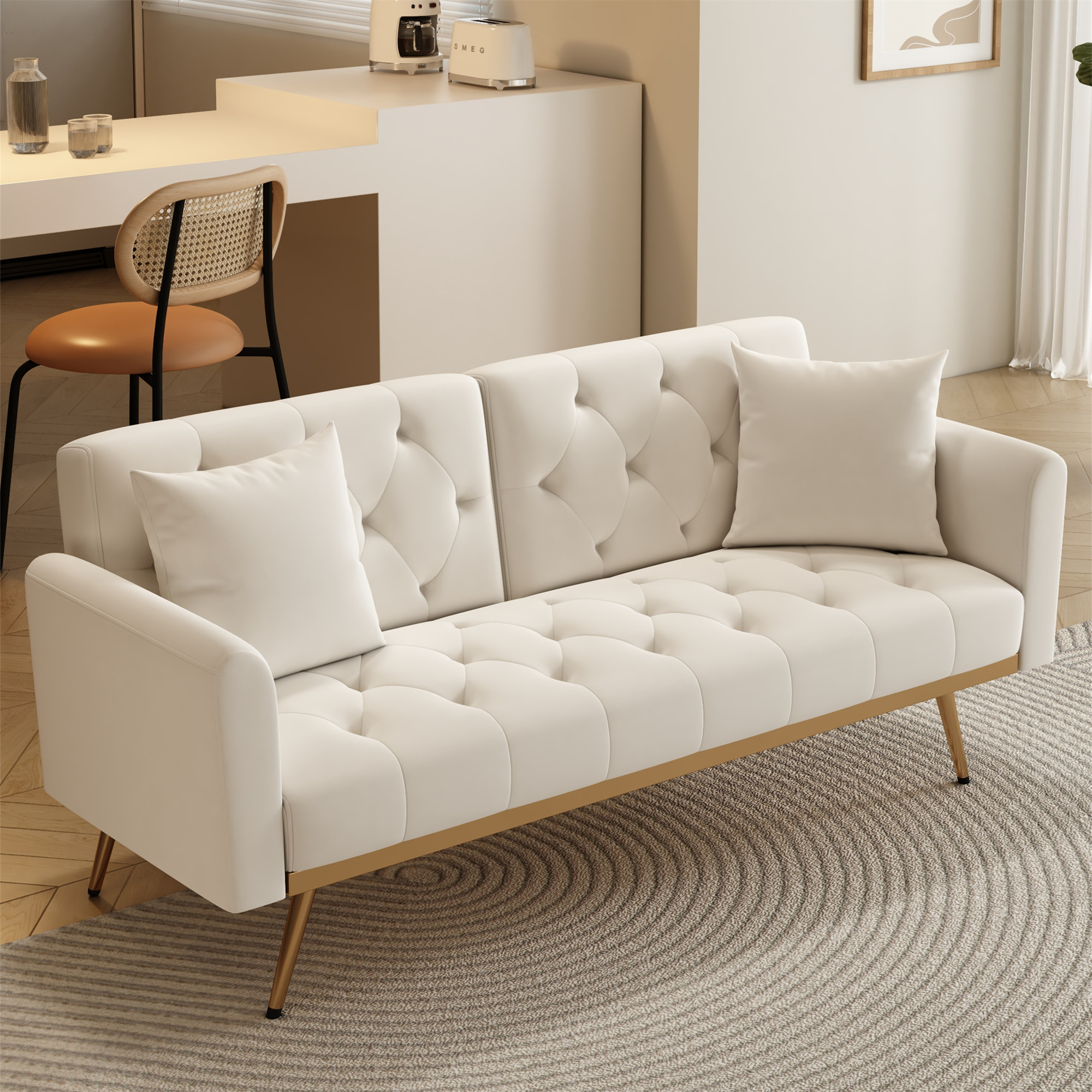 Aukfa Velvet Futon Convertible Sofa Bed for Home Office, 2 Pillows, Upgraded Metal Base, Beige