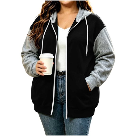 Women's Color Block Zip Up Hoodie Jacket Plus Size Casual Long Sleeve Sweatshirt with Side Pockets for Fall Winter