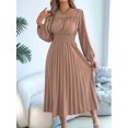 thumbnail image 2 of Womens Elegant Ruffled Long Sleeve Shirred Waist Pleated Maxi Dress for Women Flowy Bohemian Gown Khaki M, 2 of 9