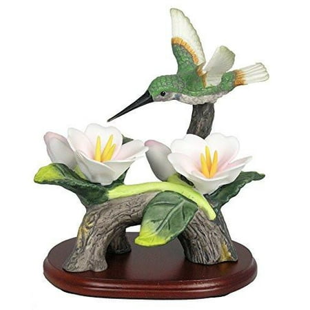 - Hummingbird Figurine Porcelain with Pink Flowers on Wood Base 4.5 Inch