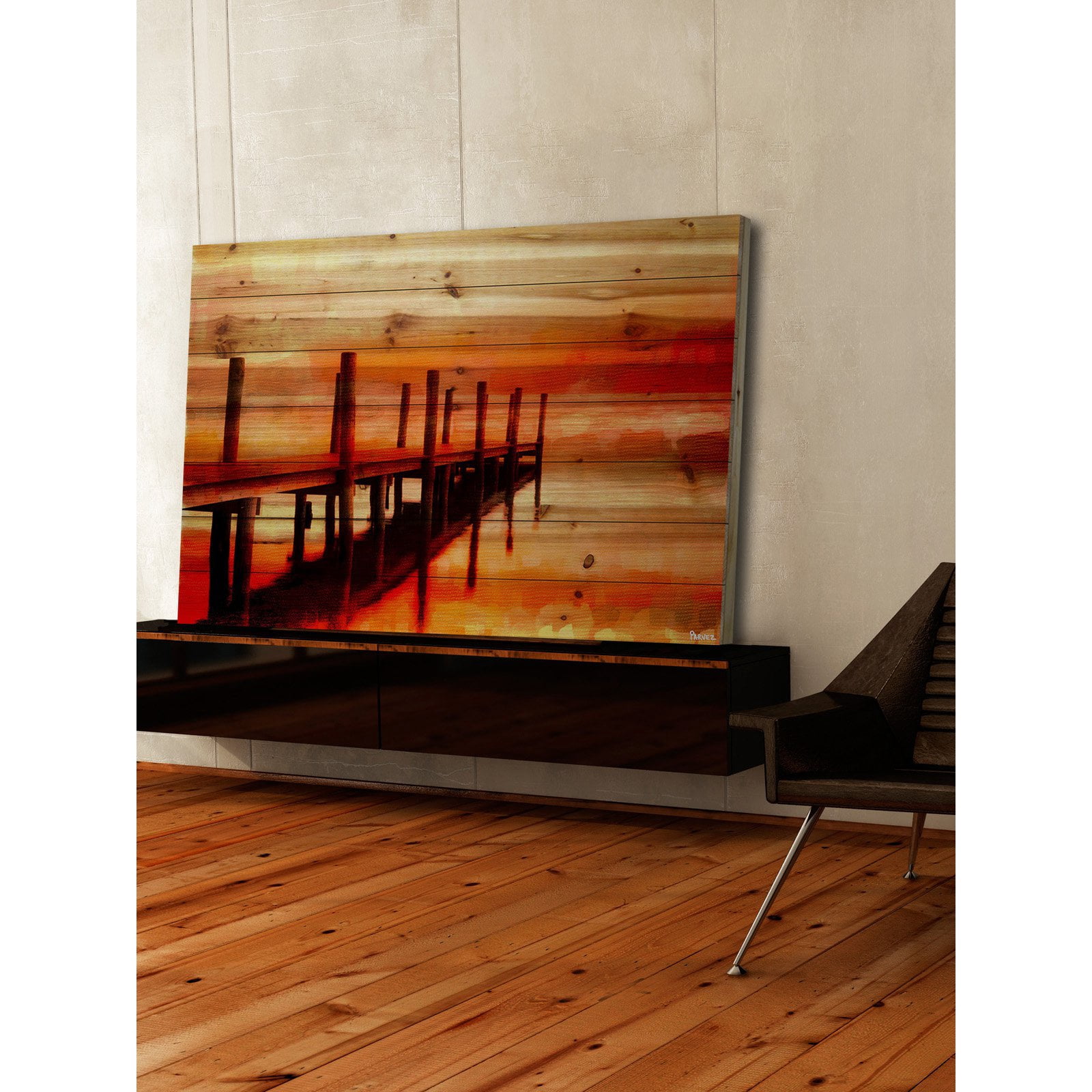 Marmont Hill Sunset Dock Painting Print on Natural Pine Wood Wall Art