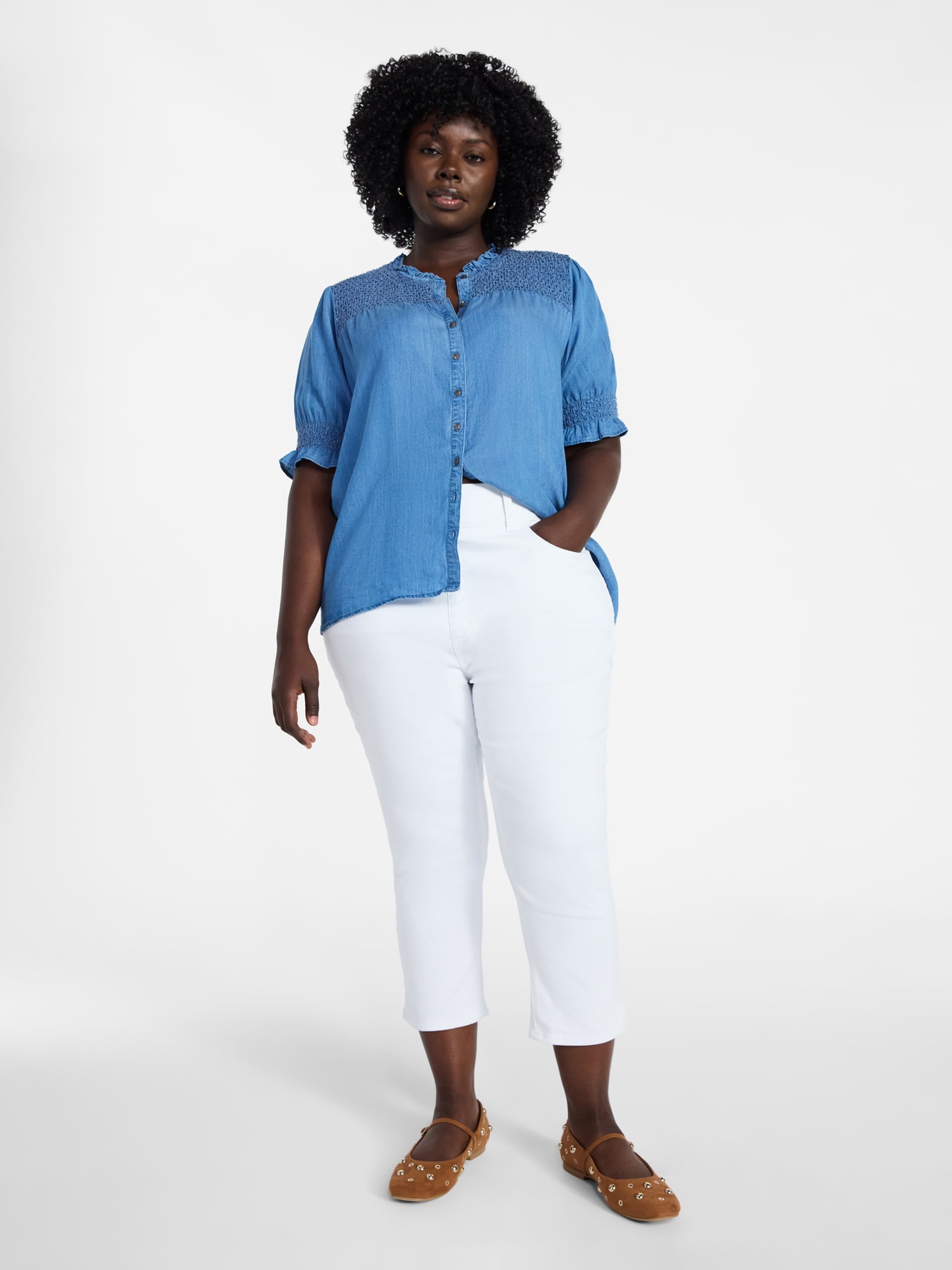 Terra & Sky Women's Plus Size Smock Yoke Top with Elbow Sleeves, Sizes 0X-5X