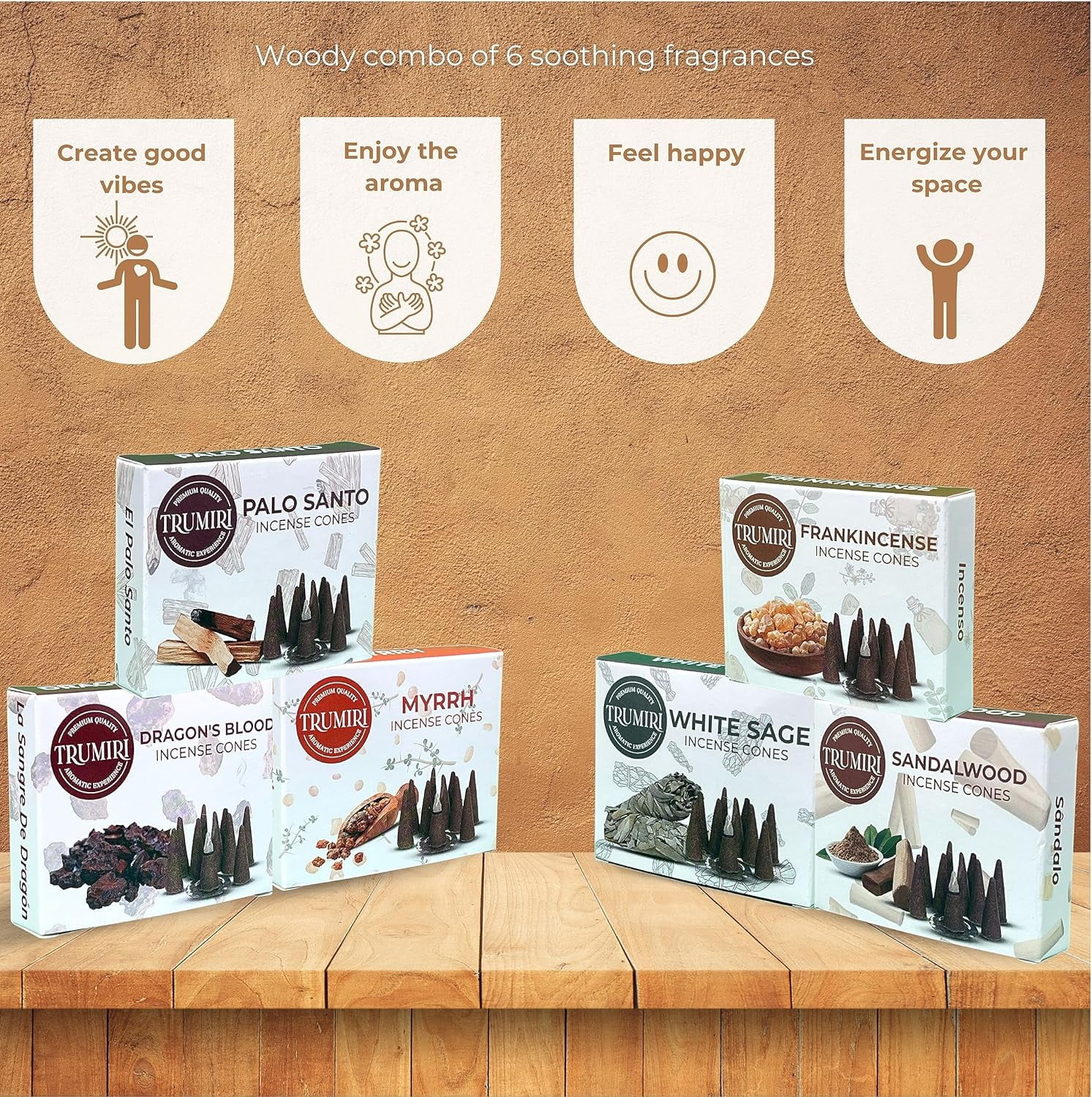 Trumiri Woody Incense Cones - Variety Pack - Total 60 Cone Incense (6 Scents x 10 Conos) - White Sage, Palo Santo, Dragons Blood, Sandalwood - Cone Incense Scents - Insense Cones - Incent Cone