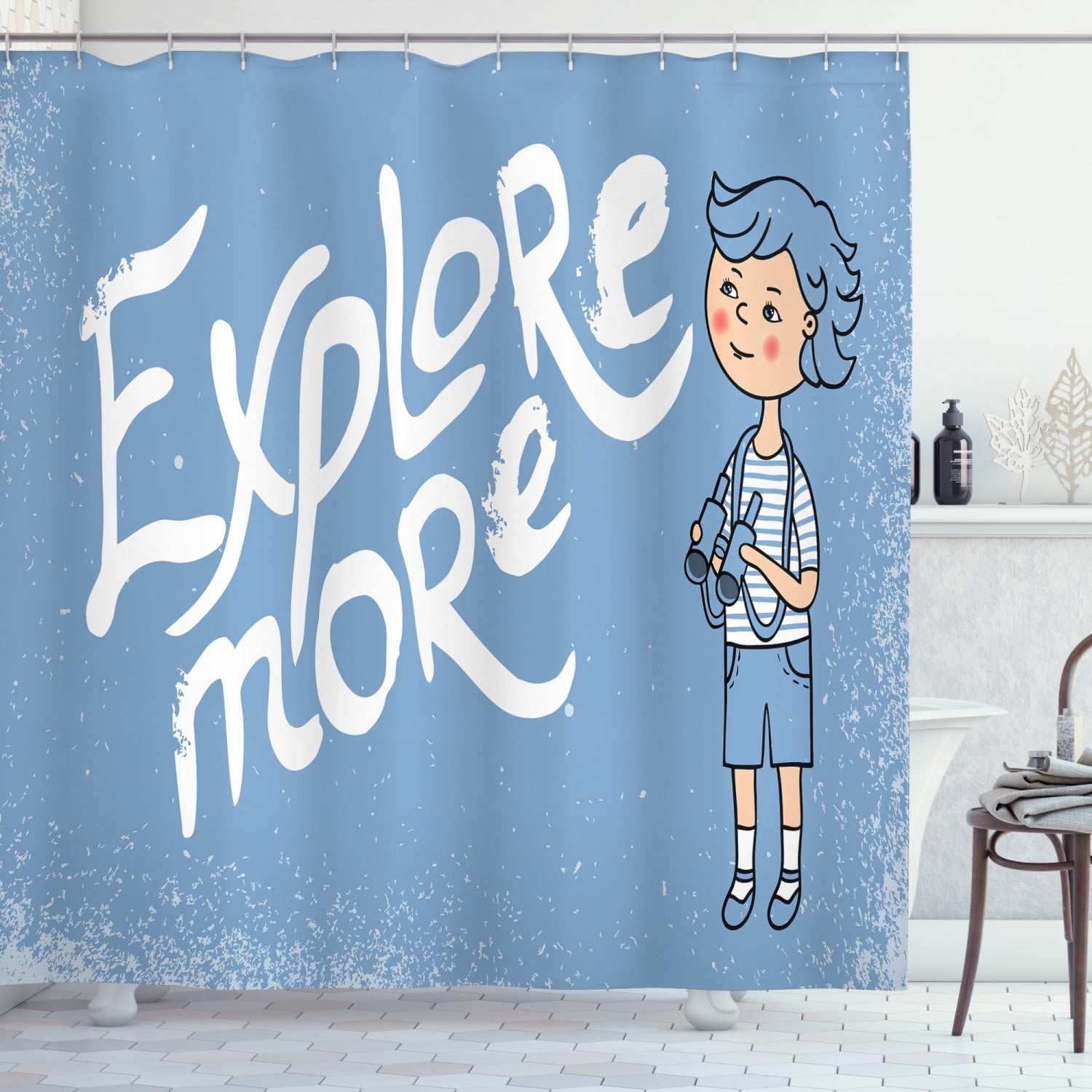Explore Shower Curtain, Cartoon Boy with Binoculars on Grunge Style Background Childhood Theme