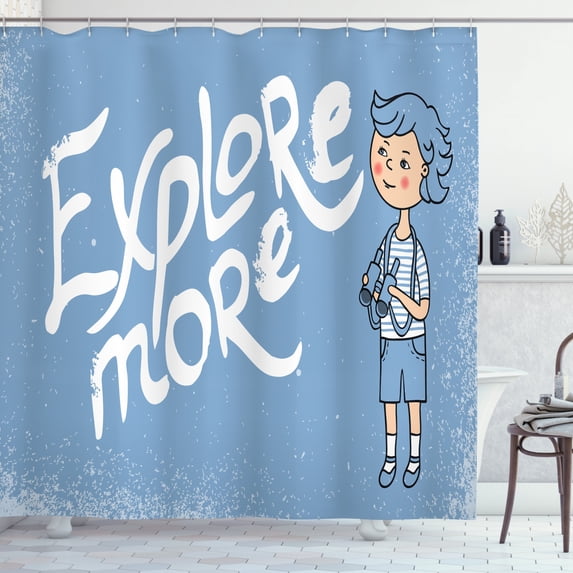 Explore Shower Curtain, Cartoon Boy with Binoculars on Grunge Style Background Childhood Theme, Fabric Bathroom Set with Hooks, 69W X 70L Inches, Pale Blue Peach White, by Ambesonne