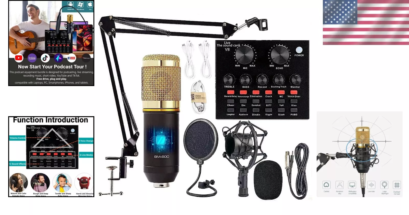 Professional Studio Recording Bundle with BM-800 Mic & Live Sound Card - Gold