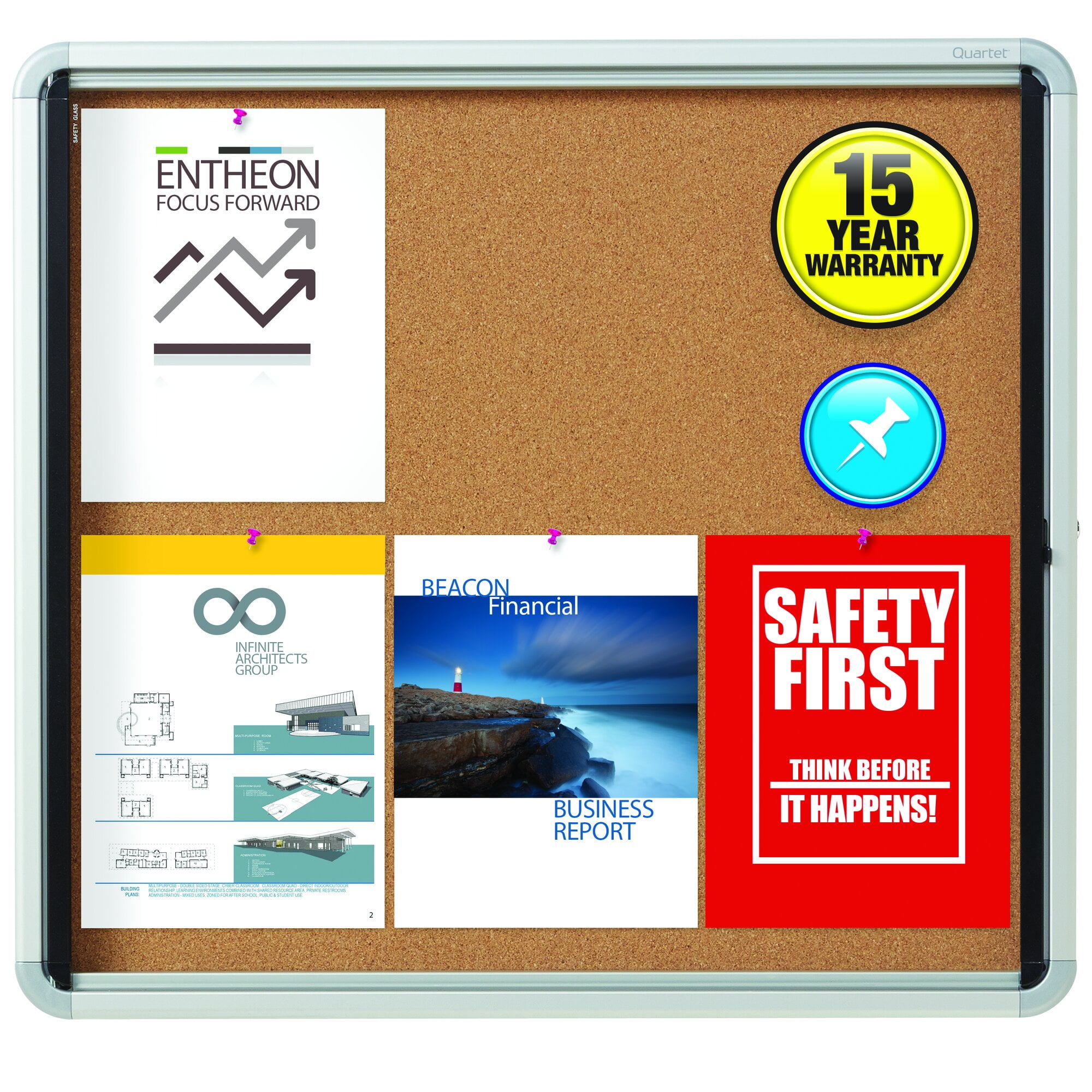 Quartet Enclosed Cork Bulletin Board for Indoor Use, 30" x 27" or 6
