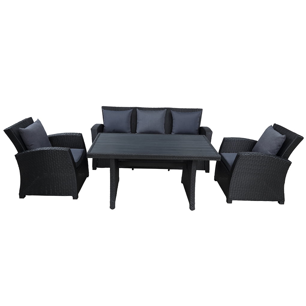 4 Pieces/Set Outdoor Furniture Set Wicker Furniture Sofa Set Patio Courtyard 3-seat Sofa Chair Tea Table Set
