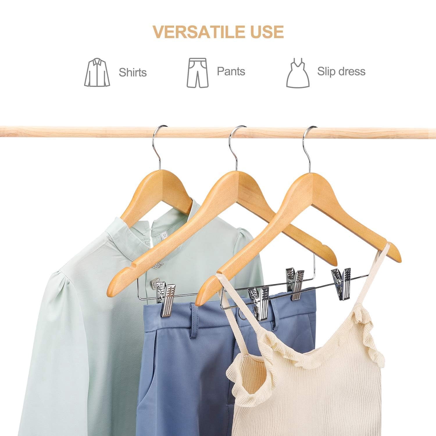 ACSTEP Wooden Hanger with Clips 12 Pack, Premium Coat Hanger, Wooden Clothing Hanger with Shoulder Grooves, 360 Degree Rotatable Hook, Natural