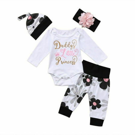 One opening 4Pcs Newborn Kids Baby Girl Daddy Little Princess Romper + Floral Pants + Hat + Headband Outfit Set
