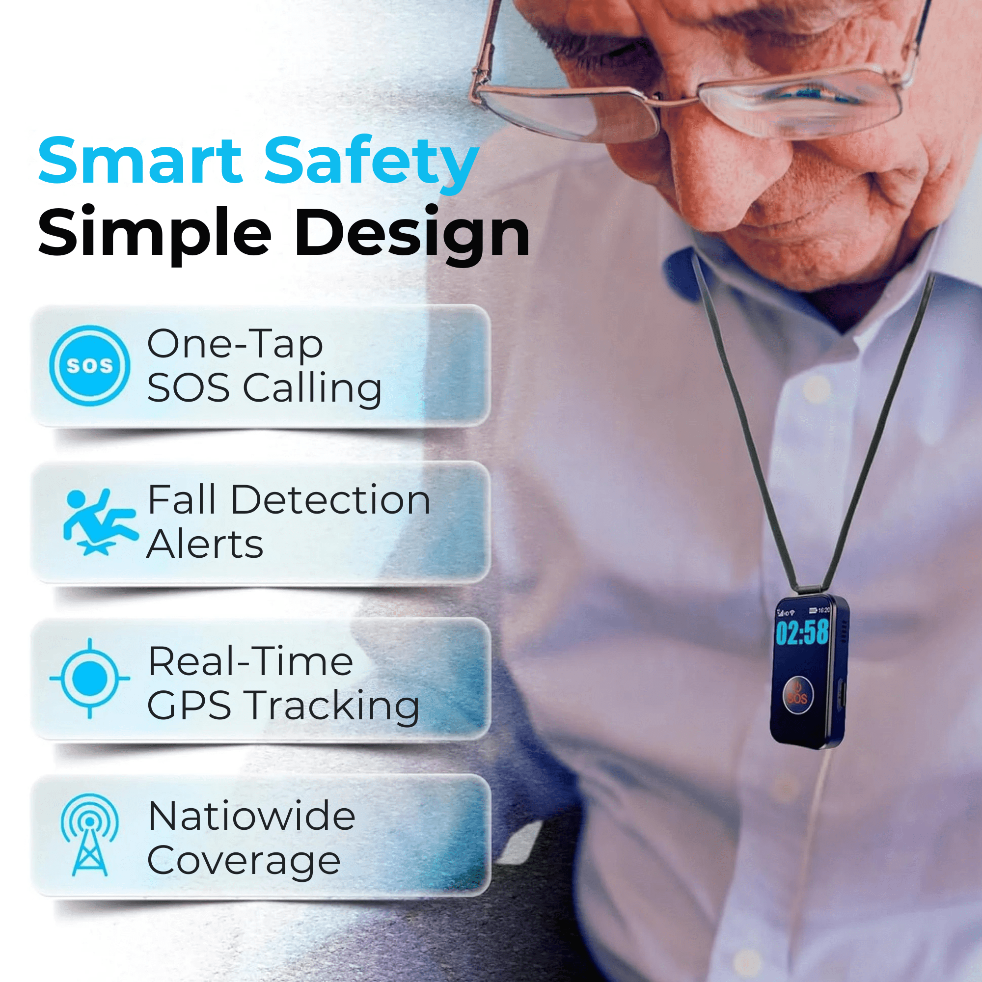 SecuLife Fall Alert Device, Medical Alert Pendant for Seniors - SOS GPS Tracking, 2-Way Calling - Emergency Wearable Necklace for Elderly