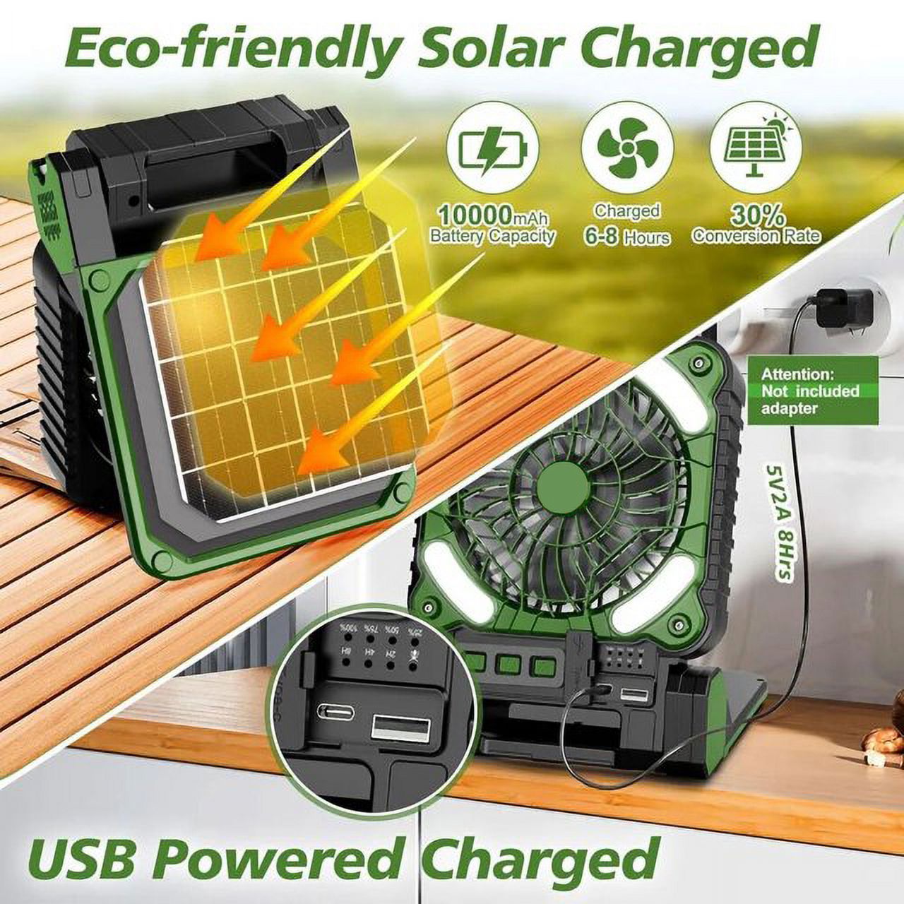 Solar Powered Fan for Camping- Camping Fan with 10000 mAh Rechargeable Battery and LED Lantern, Timer and 4 Speeds Battery Powered Outdoor Fan for Travel, Fishing, Outdoor, Bedroom