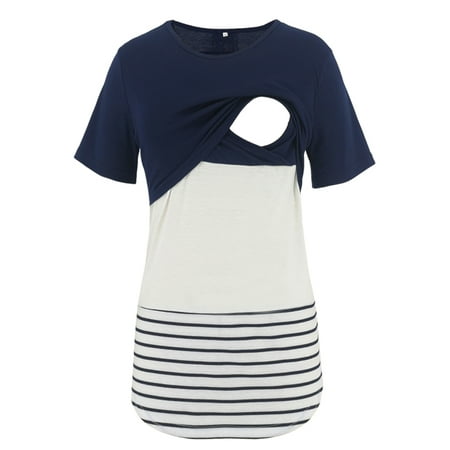 

Nananla Womens Maternity Tops Striped Short Sleeve Lace Stitching Nursing Tunic T-Shirt