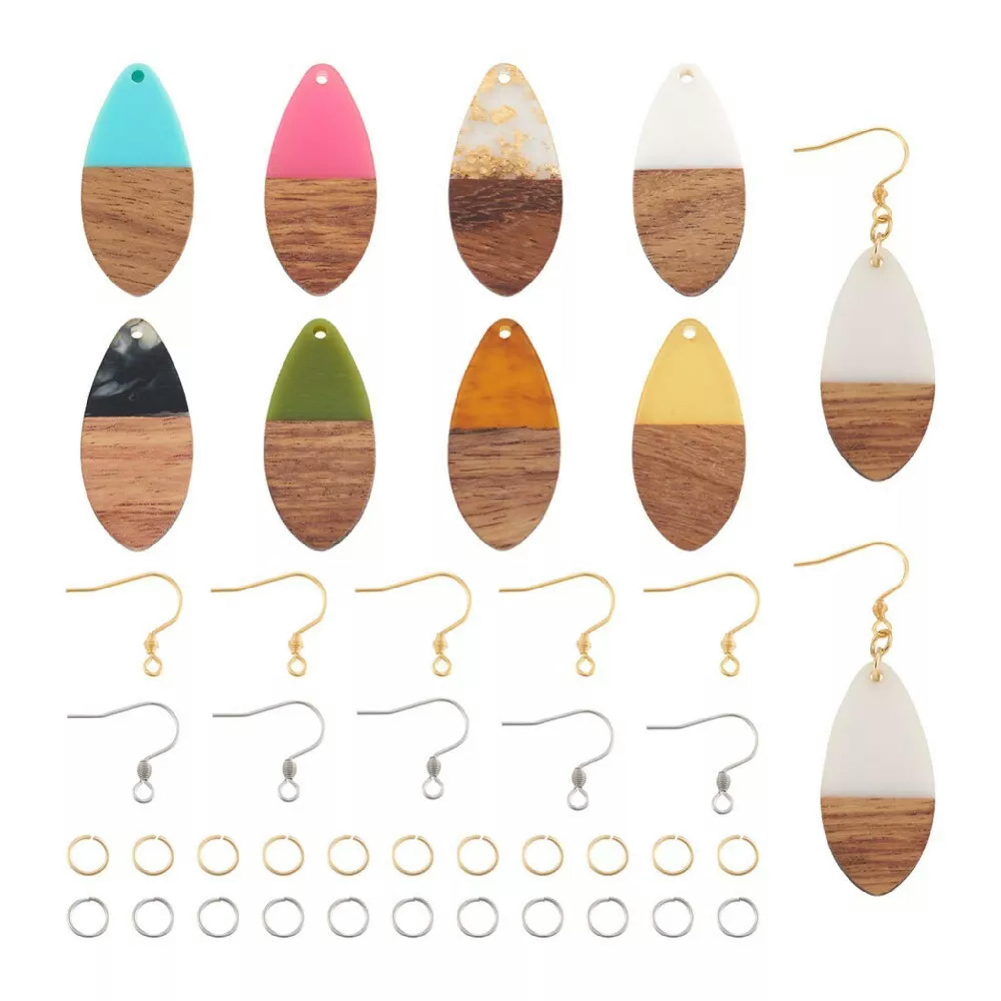 U8MO 1 Box Resin Wood Pendants Earring Hooks DIY Teardrop Dangle Earrings Making Kit