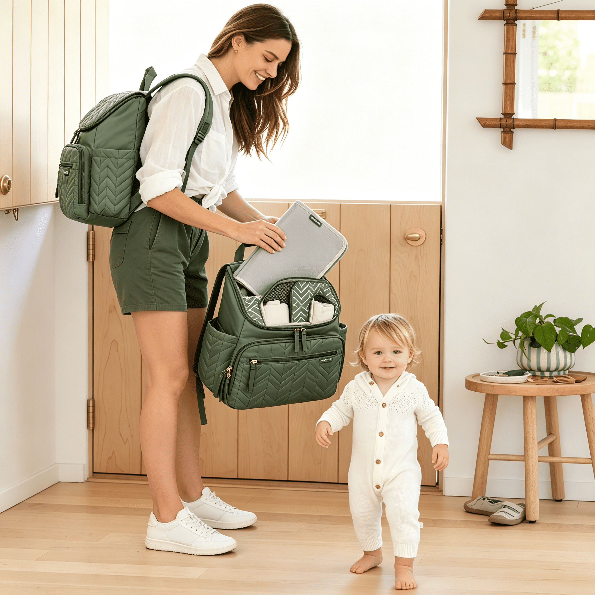 GASTROPOD 2026 New Quilted Sage Diaper Backpack Bag for Parents Large Diaper Bag Dipper Bag for Baby for Baby Care,Diaper Storage,Travel Convenience,Everyday Parenting Essentials