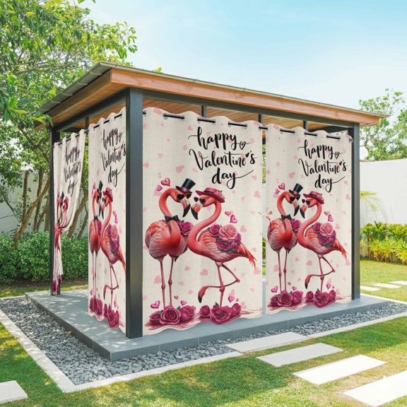 Outdoor Curtains for Patio Waterproof, Valentine's Day Outdoor Privacy Panels Grommet, Red Flamingos Roses Love Romance Beige Blackout Outside Curtains for Porch/Cabana 54"x95", 1 Panel