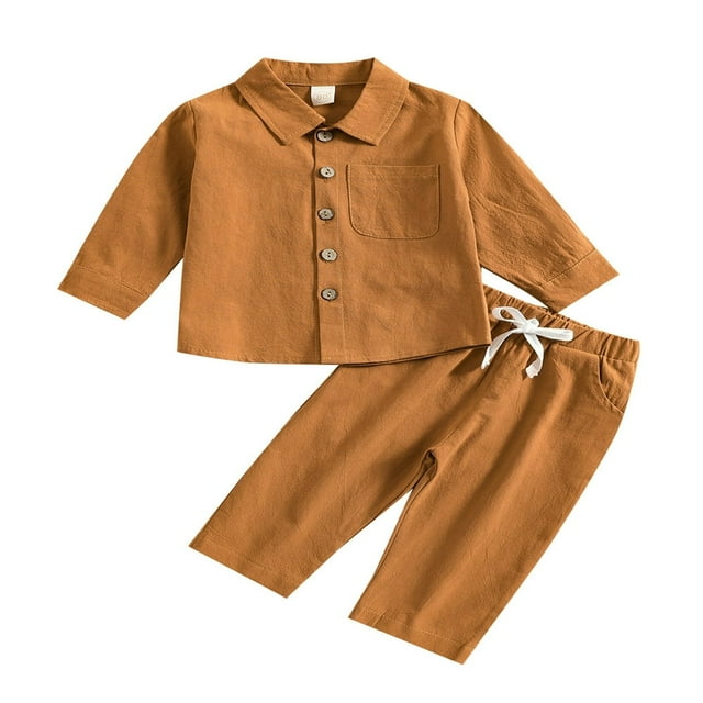 Toddler Baby Boy Cotton Linen Pants Set Solid Color Long Sleeve Button Down T-Shirt Tops Pants Fall Clothes Outfit