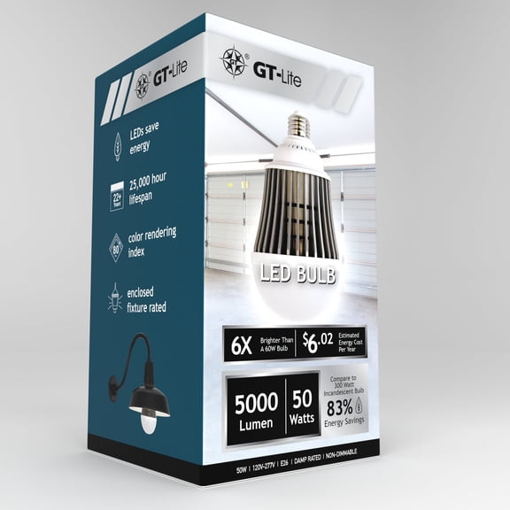 GT-Lite 50W LED A-Line Light Bulb for Garages and Workspaces, 5000 Lumens, 5000K Daylight, E26 Base
