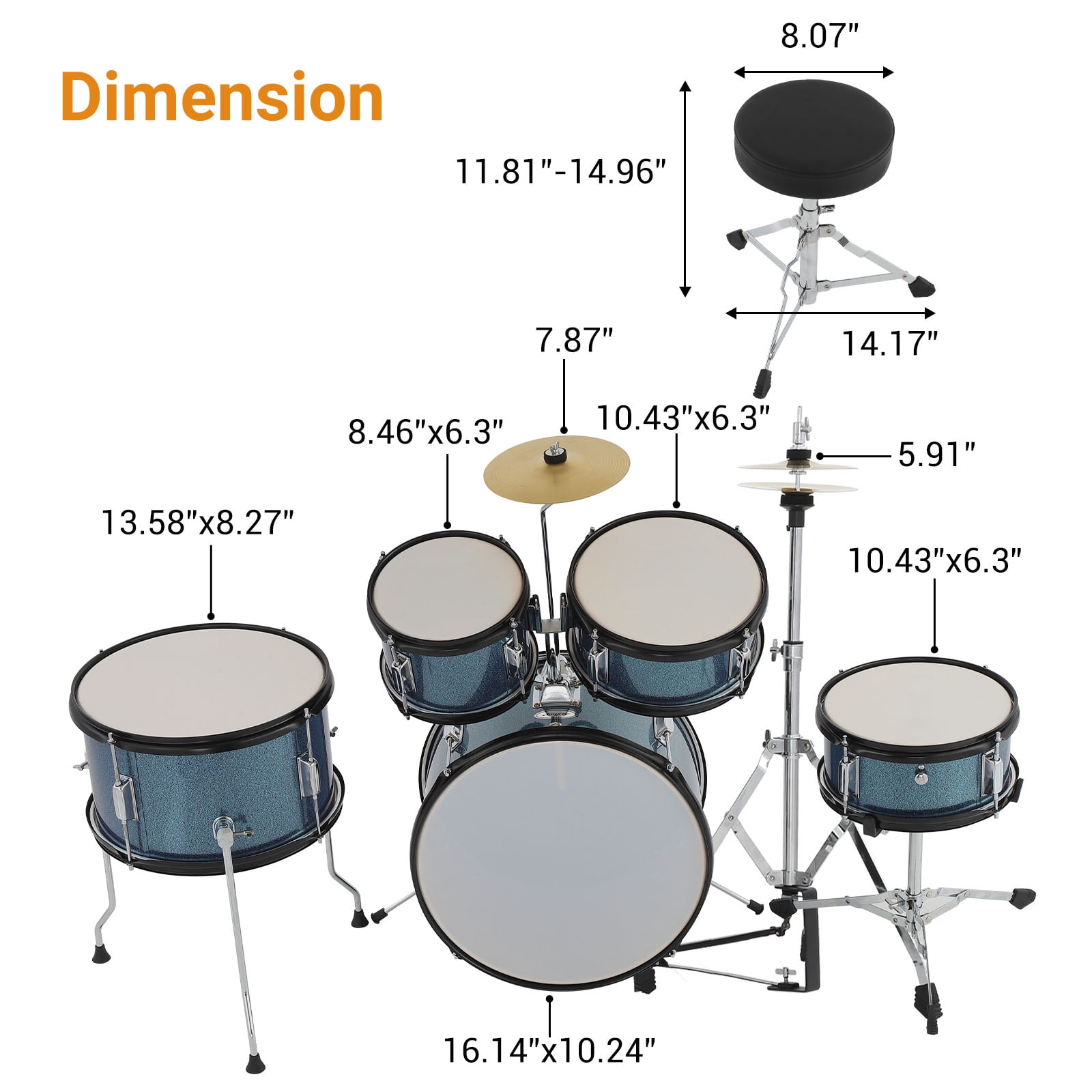 M optimized 5 Piece Drum Set for Musical Instruments, AD-300 with Bass Drum, Tom-Tom, Snare, Cymbals, Hi-Tone Drum, Sticks, Base Pedal and Stool, Beginner Set