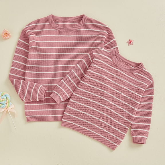 Mommy and Me Matching Outfits Sweater Stripe Long Sleeve Knitwear Crewneck Pullover Knit Tops